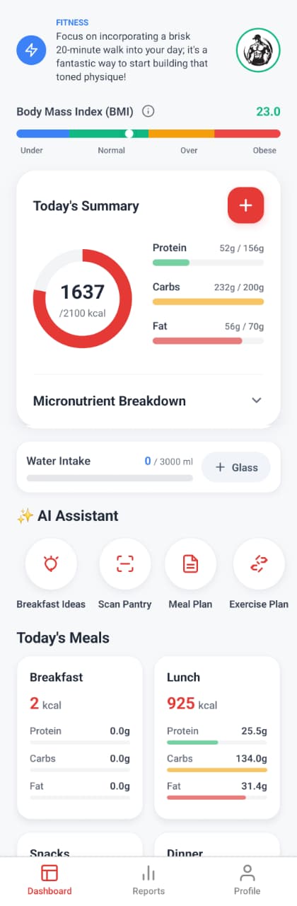 Fit & Lean app dashboard showing daily nutrition and AI assistant summary