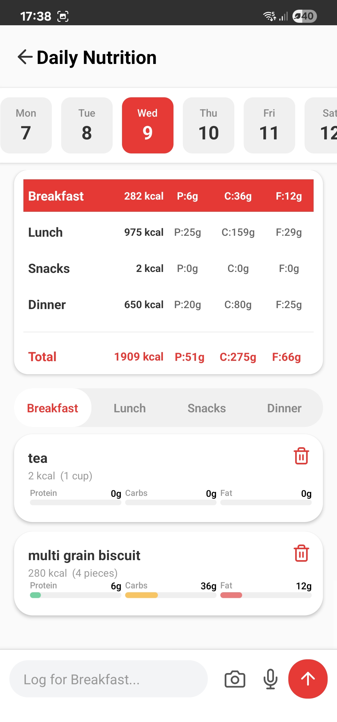 Daily nutrition tracking screen with camera scanner feature
