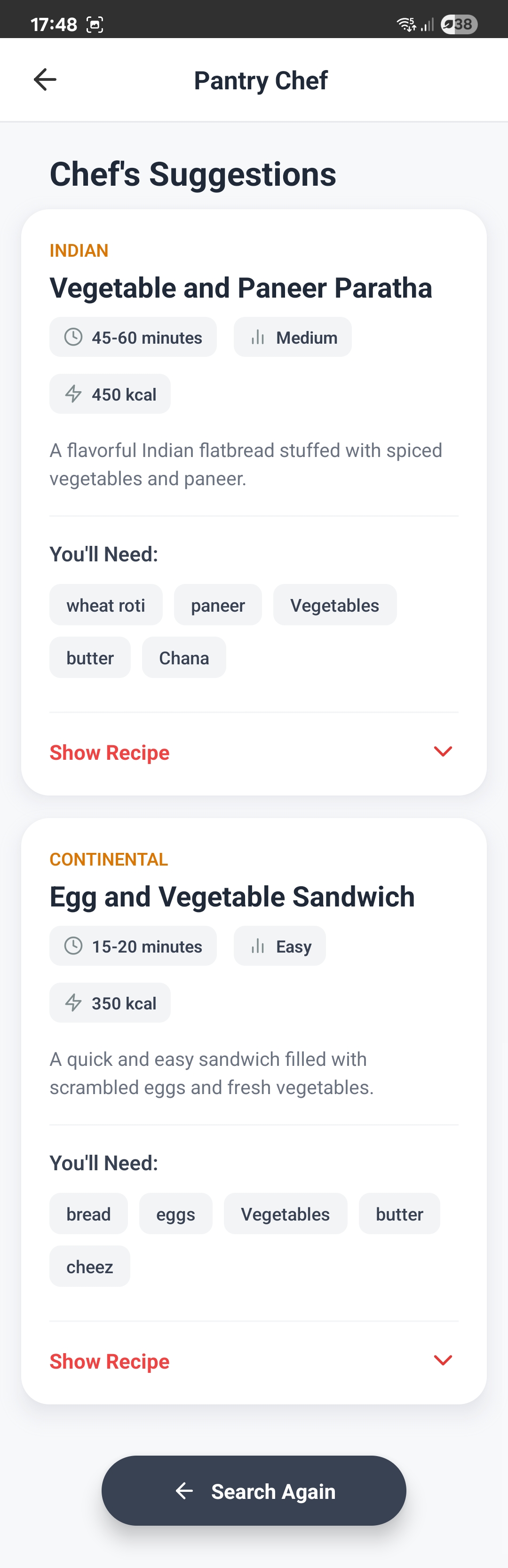 Pantry Chef feature showing recipe suggestions from available ingredients